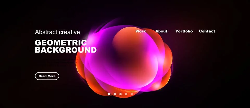 Dark background features vibrant abstract shapes, text elements, navigation.. Stock Illustration