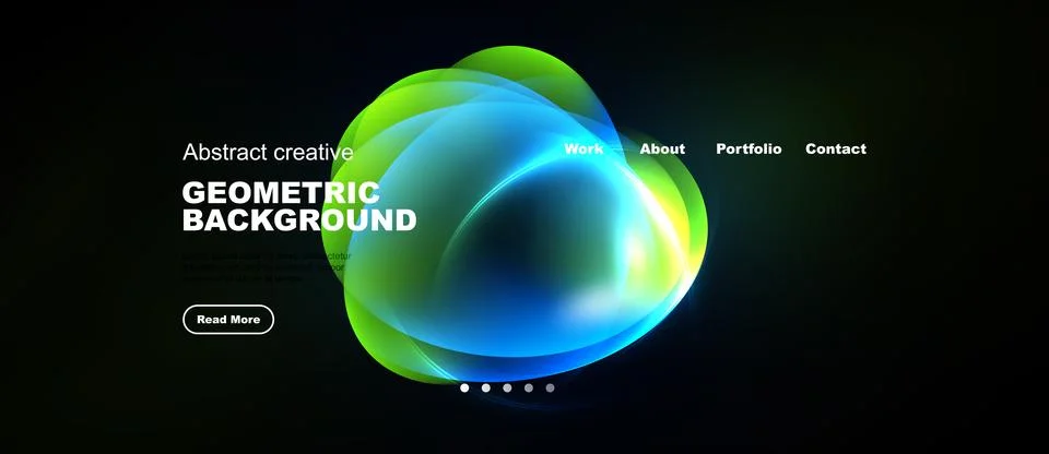 Dark background features vibrant abstract shapes. Text elements include work, Stock Illustration