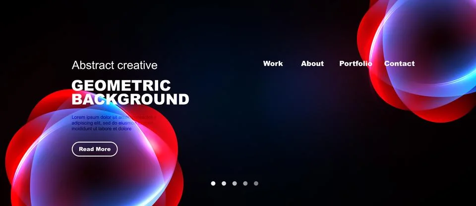 Dark background features vibrant abstract shapes, text elements, navigation.. Stock Illustration
