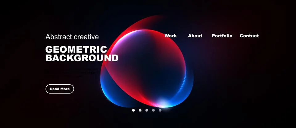 Dark background features vibrant abstract shapes, text elements, navigation.. Illustrazione stock