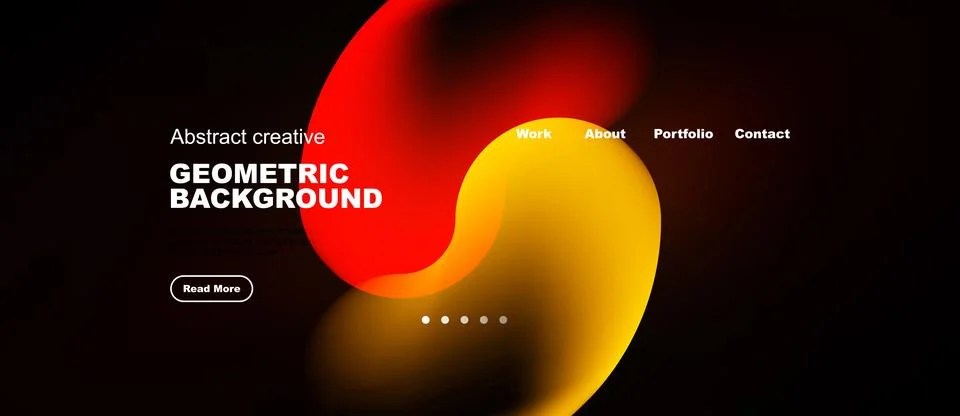 Dark background features vibrant abstract shapes, text elements, navigation.. Stock Illustration