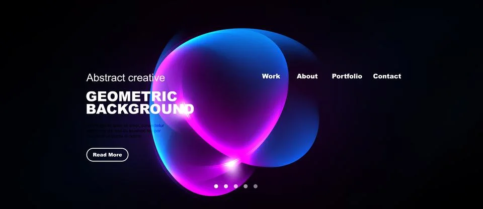 Dark background features vibrant abstract shapes, text elements, navigation Stock Illustration