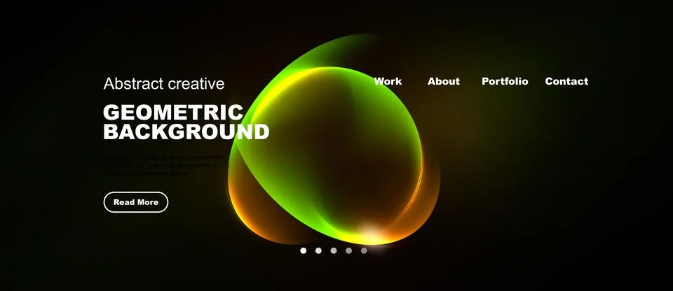Dark background features vibrant abstract shapes, text elements, navigation.. Illustrazione stock