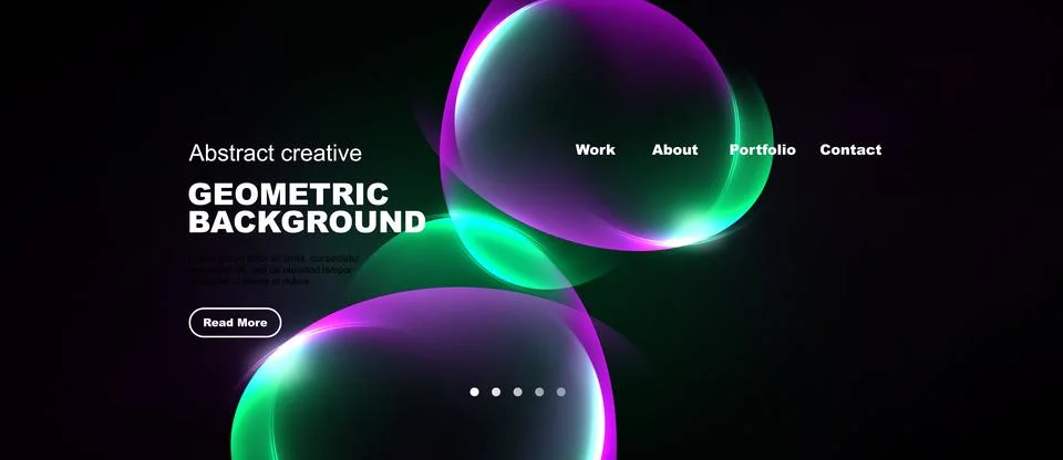 Dark background features vibrant abstract shapes, text elements, navigation.. Stock Illustration