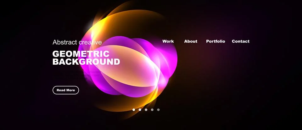 Dark background features vibrant abstract shapes, text elements, navigation.. Stock Illustration