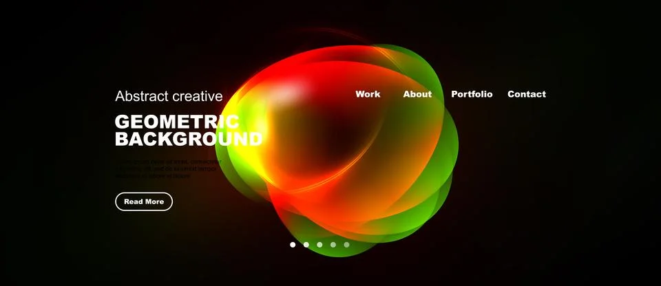 Dark background features vibrant abstract shapes, text elements, navigation.. Stock Illustration