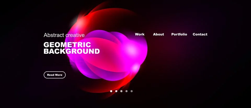Dark background features vibrant abstract shapes, text elements, navigation.. Illustrazione stock
