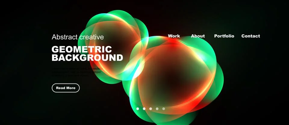Dark background features vibrant abstract shapes, text elements, navigation.. Stock Illustration