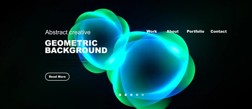 Dark background features vibrant abstract shapes, text elements, navigation.. Stock Illustration