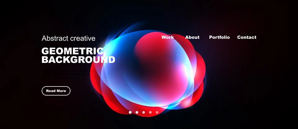 Dark background features vibrant abstract shapes. Menu options present work, Stock Illustration