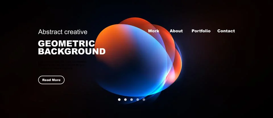 Dark background features vibrant abstract shapes, text elements, navigation.. Stockillustratie