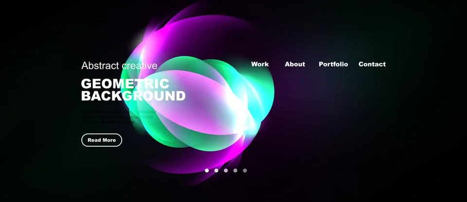 Dark background features vibrant abstract shapes, text elements, navigation.. Stock Illustration