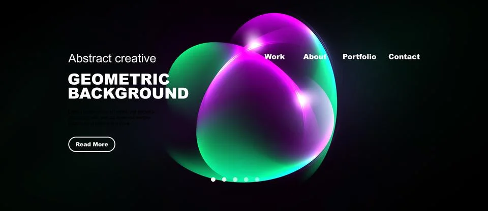Dark background features vibrant abstract shapes, text elements, navigation.. Stock Illustration