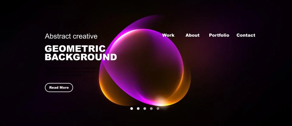 Dark background features vibrant abstract shapes, text elements, navigation.. Illustrazione stock