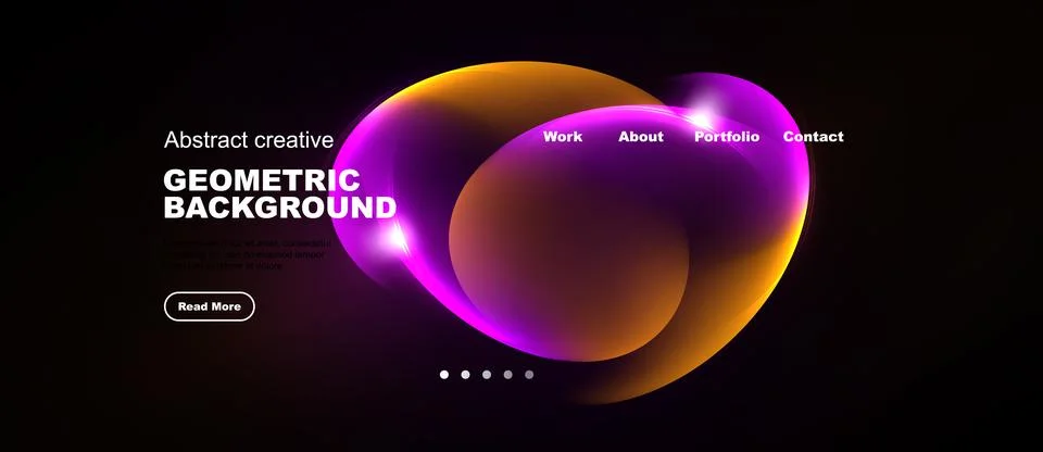 Dark background features vibrant abstract shapes, text elements, navigation.. Stock Illustration