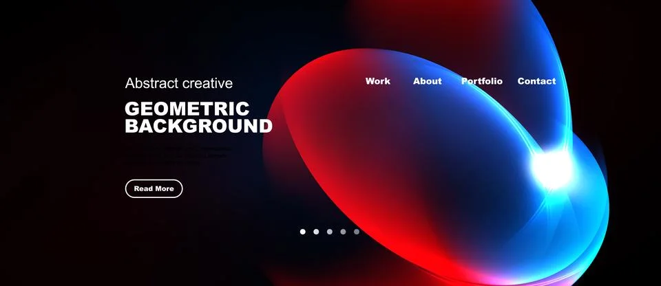Dark background features vibrant abstract shapes, text elements, navigation.. Stock Illustration