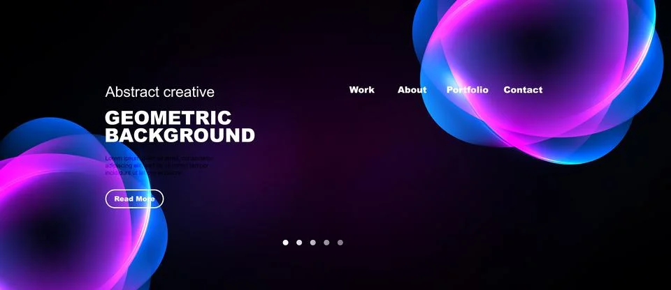 Dark background features vibrant abstract shapes, text elements, navigation.. Stock Illustration