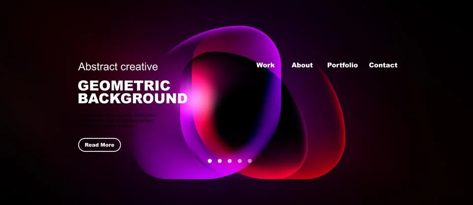 Dark background features vibrant abstract shapes, text elements, navigation.. Illustrazione stock
