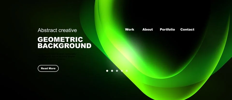 Dark background features vibrant abstract shapes, text elements, navigation Illustrazione stock
