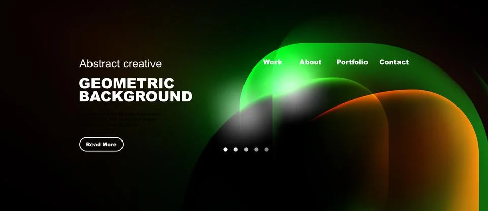 Dark background features vibrant abstract shapes, text elements, navigation.. Stock Illustration