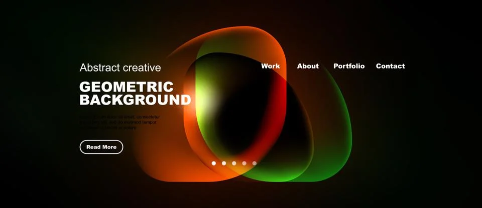 Dark background features vibrant abstract shapes, text elements, navigation.. Illustrazione stock
