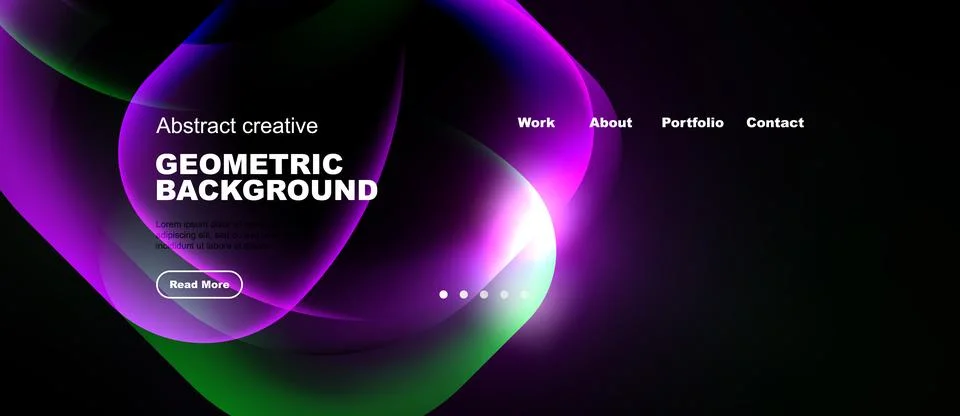 Dark background features vibrant abstract shapes, text elements, navigation.. Stock Illustration
