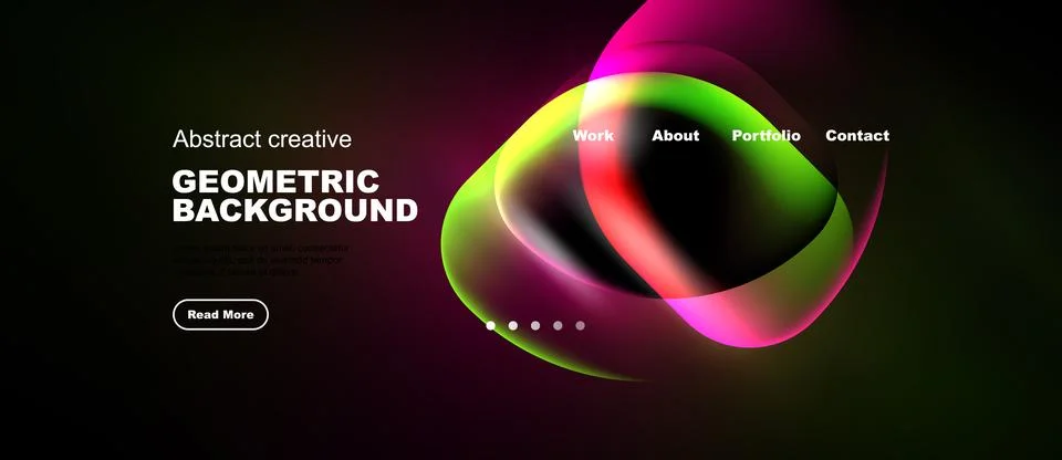 Dark background features vibrant abstract shapes, text elements, navigation.. Stock-Illustration