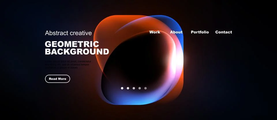 Dark background features vibrant abstract shapes, text elements, navigation.. Illustrazione stock