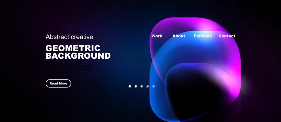 Dark background features vibrant abstract shapes, text, navigation elements. Stock Illustration