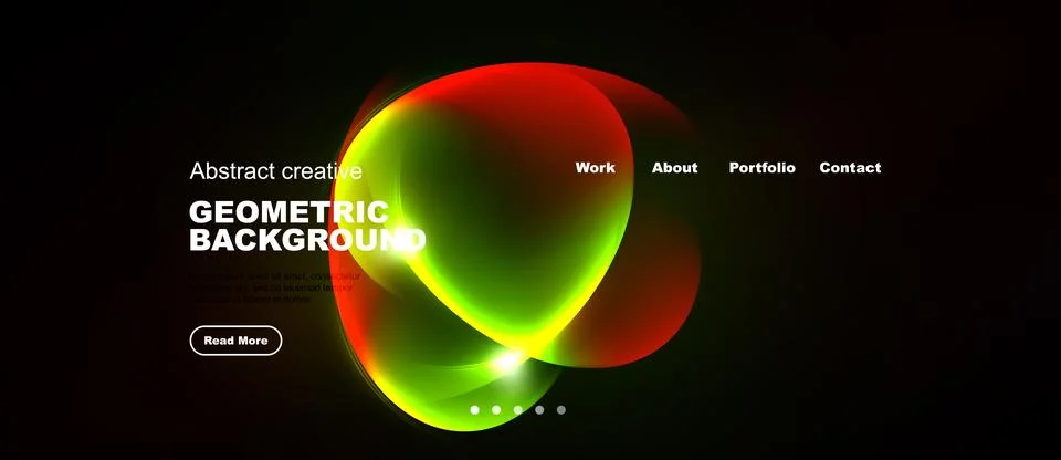 Dark background features vibrant abstract shapes, text elements, navigation.. Stock Illustration