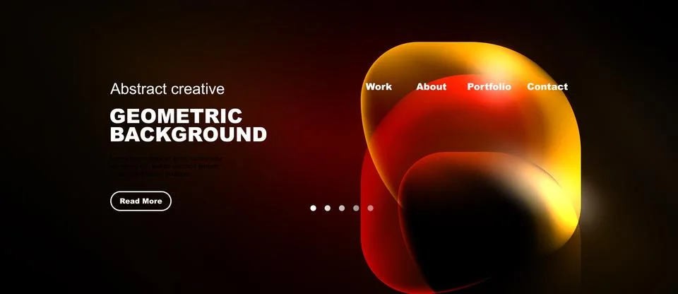 Dark background features vibrant abstract shapes, text elements, navigation.. Illustrazione stock