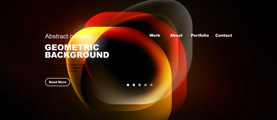 Dark background features vibrant abstract shapes. Text overlays promote work, Stock Illustration