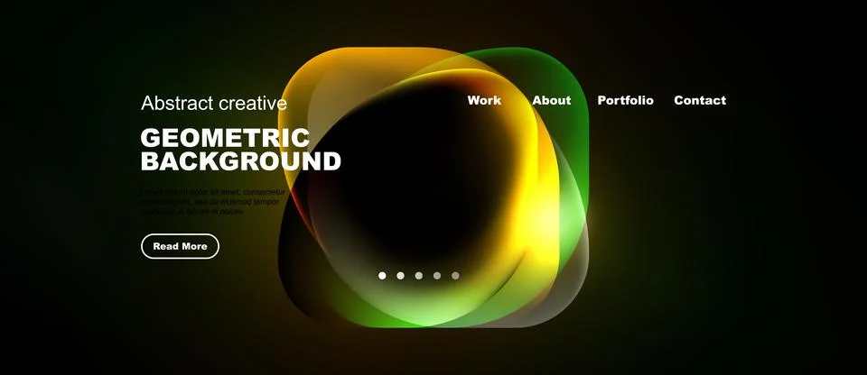 Dark background features vibrant abstract shapes, text elements, navigation.. Illustrazione stock