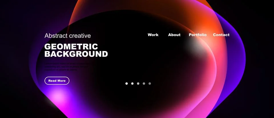 Dark background features vibrant abstract shapes, text elements, navigation.. Stock Illustration