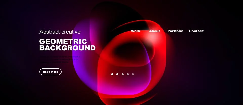 Dark background features vibrant abstract shapes, text elements, navigation.. Stock Illustration