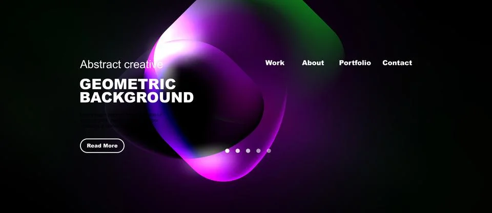 Dark background features vibrant abstract shapes, text elements, navigation Illustrazione stock