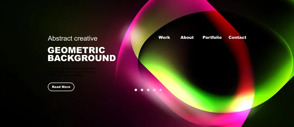 Dark background features vibrant abstract shapes, text elements, navigation.. Stock Illustration