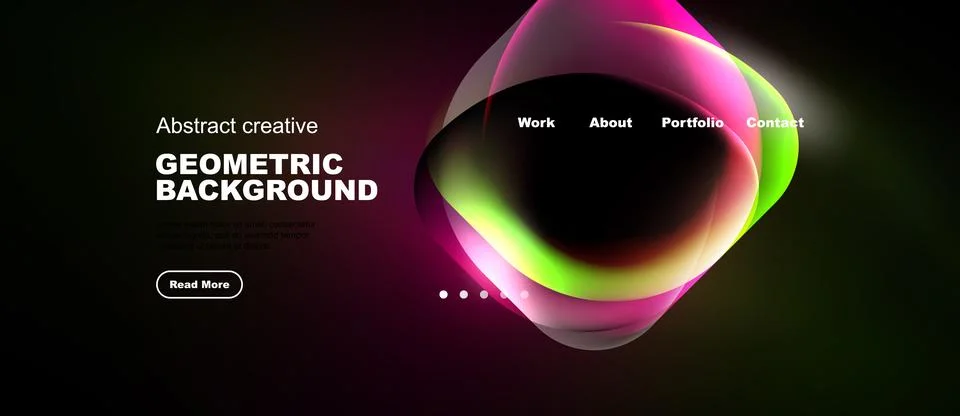 Dark background features vibrant abstract shapes, text elements, navigation.. Illustrazione stock