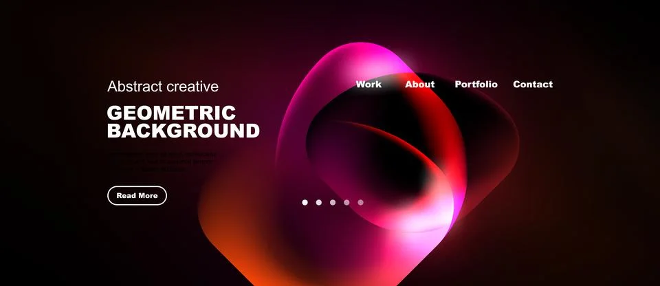 Dark background features vibrant abstract shapes, text elements, navigation.. Stock Illustration