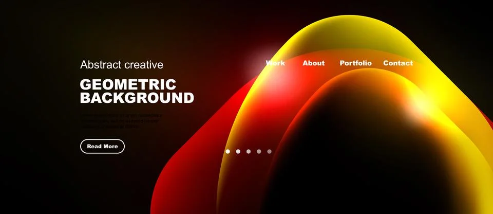 Dark background features vibrant abstract shapes, text elements, navigation.. Stock Illustration