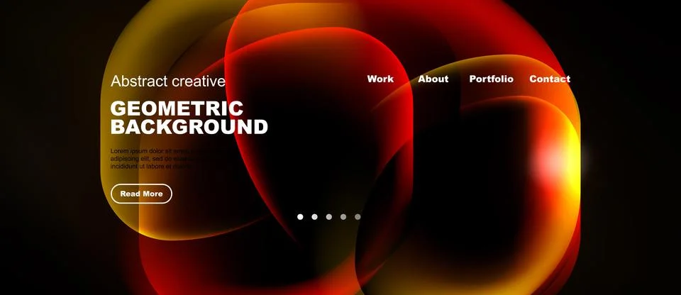 Dark background features vibrant abstract shapes, text elements, navigation.. Stock-Illustration