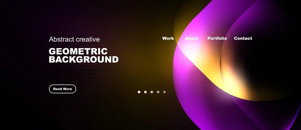 Dark background features vibrant abstract shapes, text elements, navigation.. Illustrazione stock