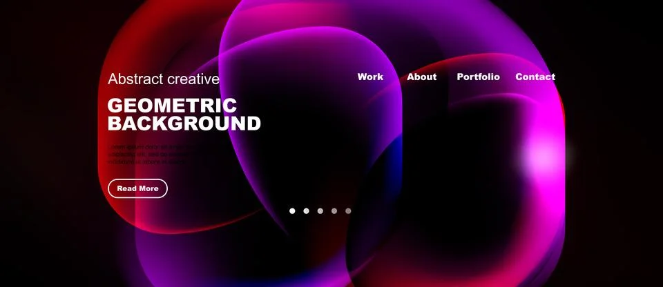 Dark background features vibrant abstract shapes, text elements, navigation.. Stock Illustration