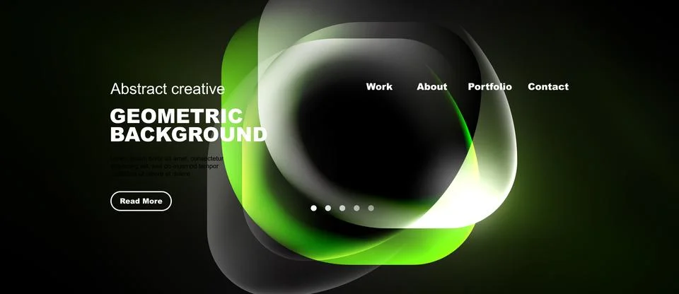 Dark background features vibrant abstract shapes, text elements, navigation.. Stock Illustration