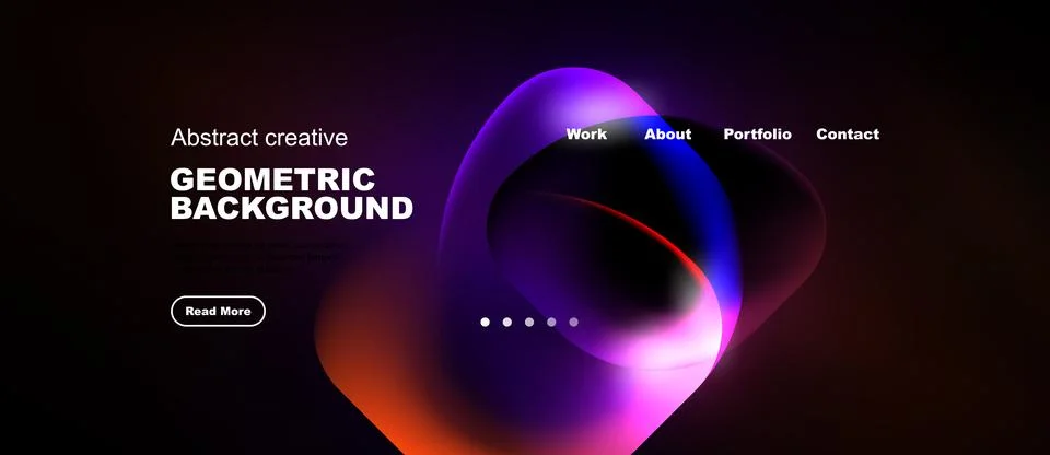 Dark background features vibrant abstract shapes, text elements, navigation Stock Illustration