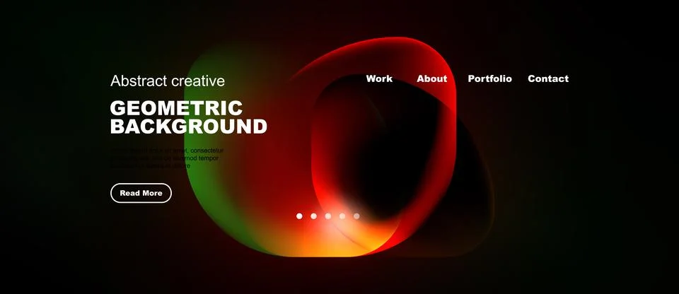 Dark background features vibrant abstract shapes, text elements, navigation.. Stock Illustration