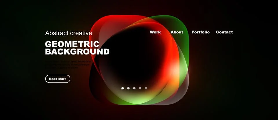 Dark background features vibrant abstract shapes, text elements, navigation.. Stock Illustration