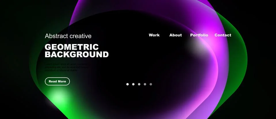 Dark background features vibrant abstract shapes, text elements, navigation.. Stock-Illustration
