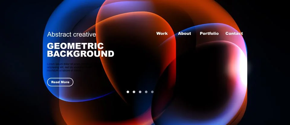 Dark background features vibrant abstract shapes, text elements, navigation.. Illustrazione stock