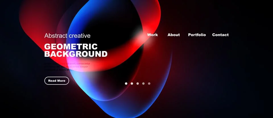 Dark background features vibrant abstract shapes, text elements, navigation.. Stock Illustration